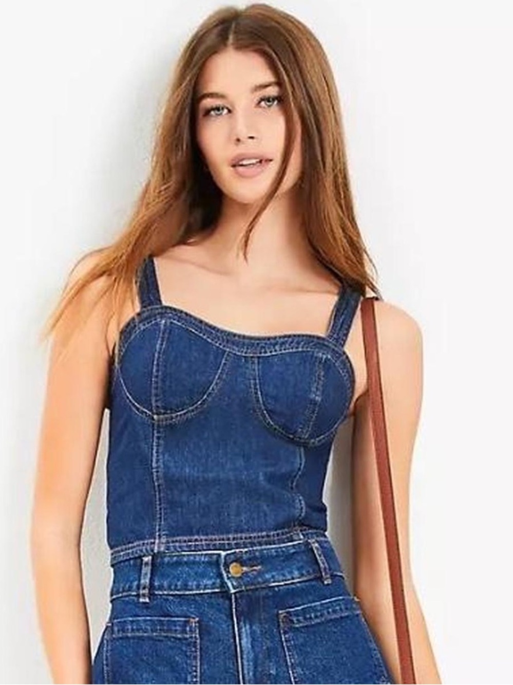 LOFT, Denim Bustier Crop Top Smocked Back SquareNeck Dark Wash, Size 6, NWT